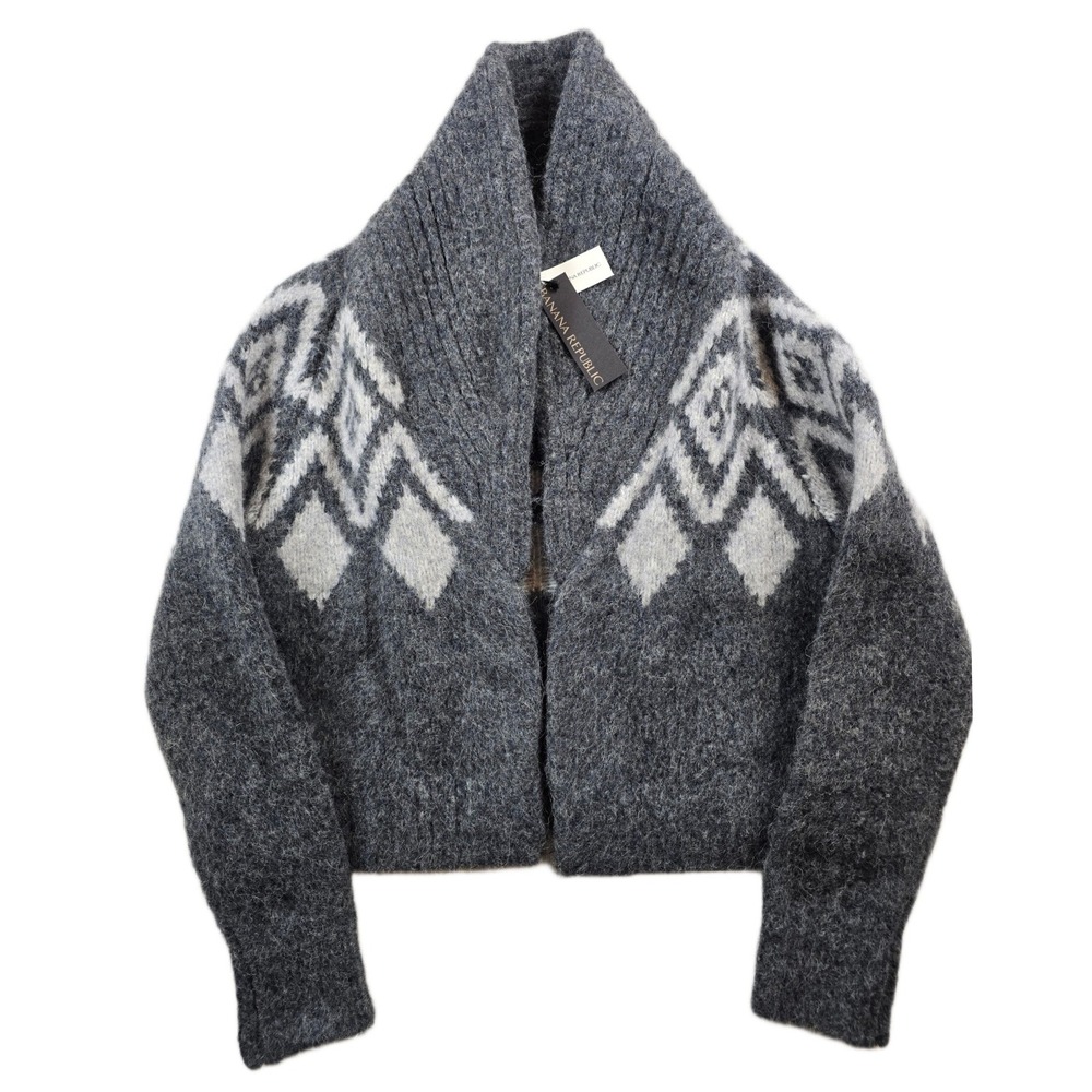 Banana Republic Fair Isle Cardigan Women Small Gray Alpaca Bld Shawl Collar NEW
